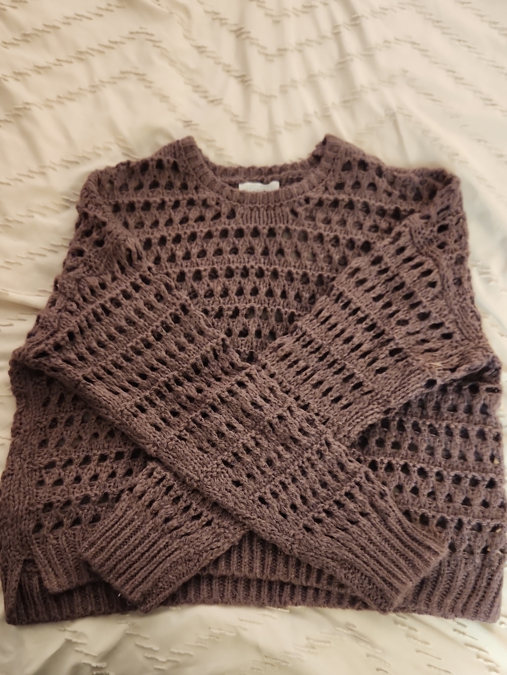 Full Tilt Open Knit Crewneck Sweater in Mauve Purple
